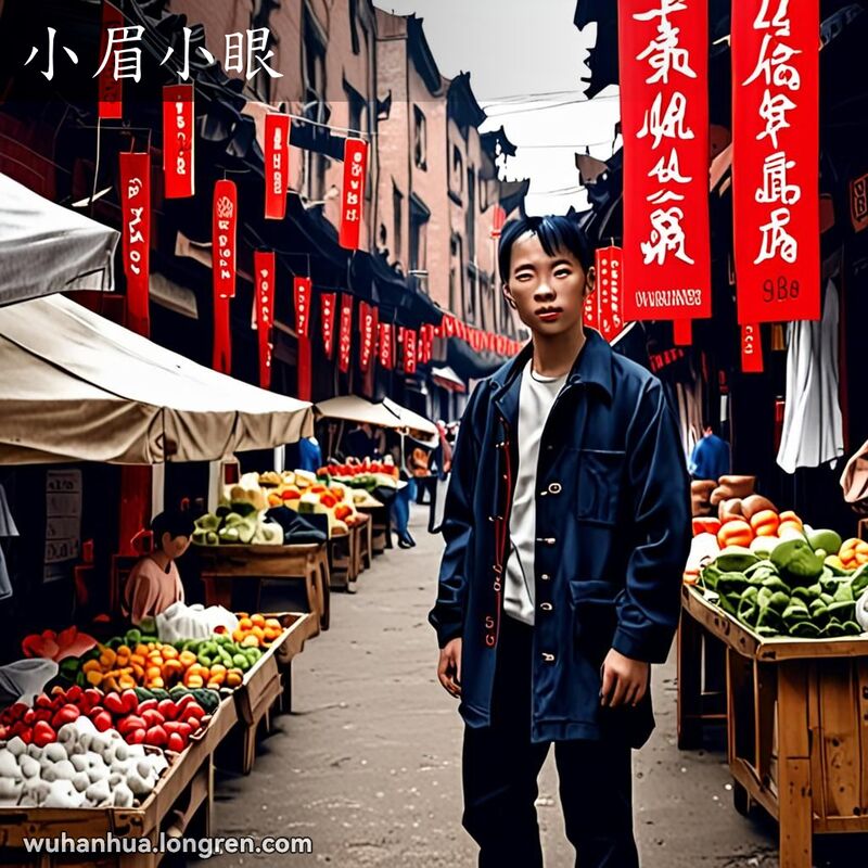 一位武汉市民在街市中显得犹豫不决，眉头微皱，眼睛眯起，背景是武汉老街景