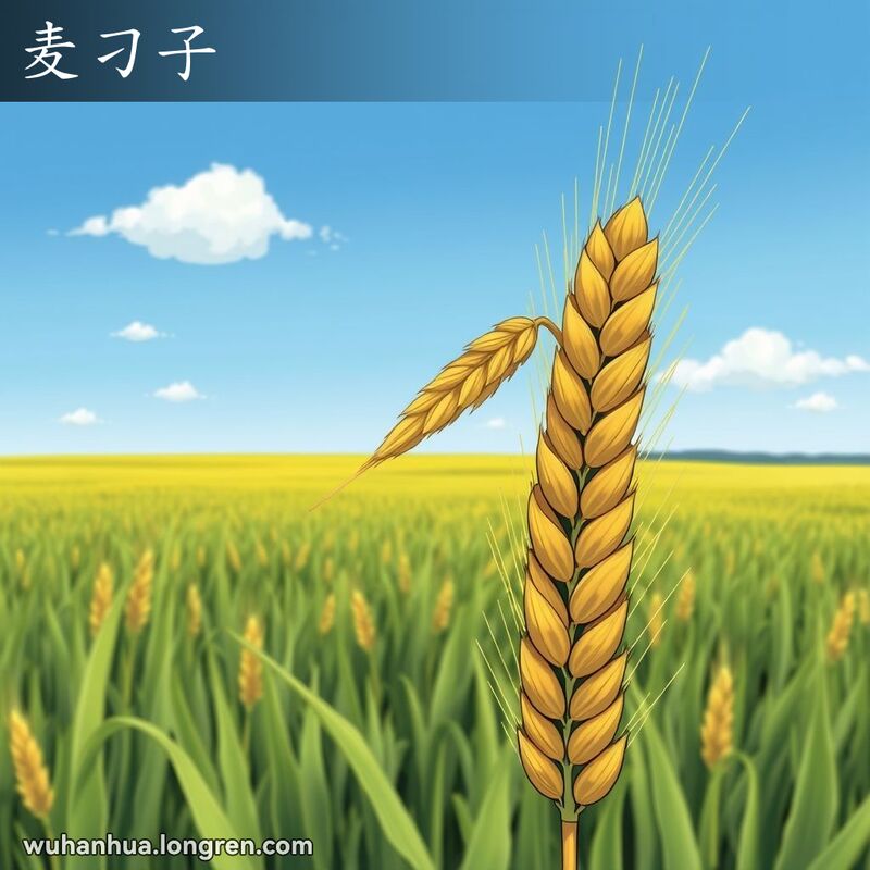 一片麦田，前景中一株麦秆顶端的金黄色麦穗，背景是一望无际的麦田和湛蓝的天空。