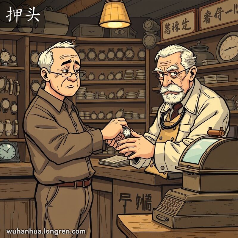 一位中年男子在武汉当铺柜台前，手持手表，递给当铺老板，背景是昏暗的灯光和老式收银机