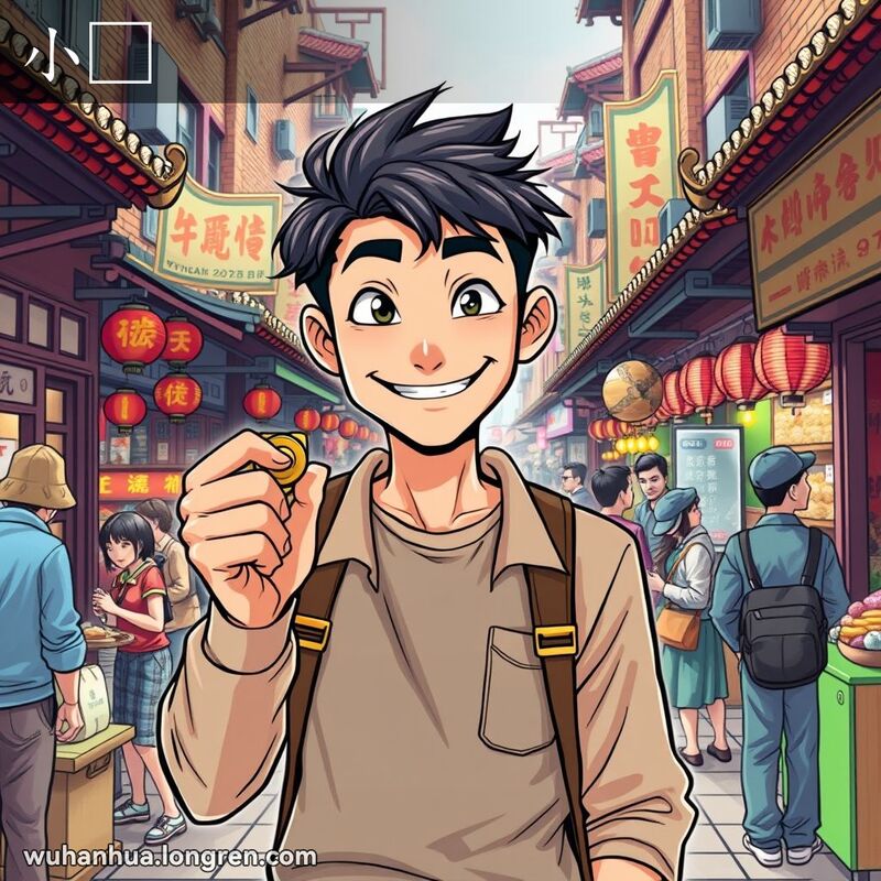 一位年轻男子在武汉街头市场中手持小玩具，脸上带着狡黠的笑容，背景是繁忙的市场景象