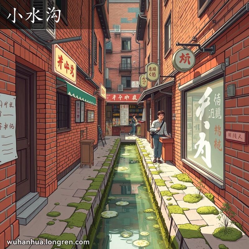 武汉老城区的狭窄巷道，中间有一条小水沟，两旁是红砖墙和小店铺，背景有老式招牌和小摊贩。