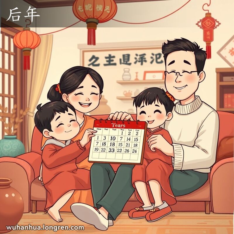 一家三口在客厅里，父母指着日历上两年后的日期，孩子满怀期待地看着他们，背景有中国新年装饰