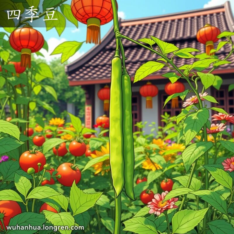 一个充满生机的花园，中央是一株四季豆植物，豆荚从藤蔓上垂下，周围是其他蔬菜，背景是传统中式房屋。