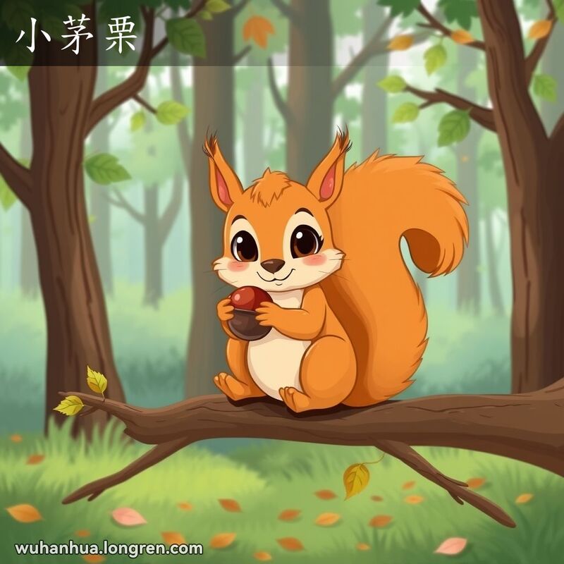 一只小松鼠坐在树枝上，手里拿着一颗很小的栗子，背景是茂密的森林