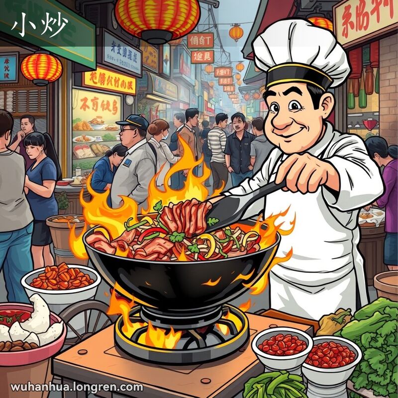 武汉街头市场，厨师在猛火快炒肉丝和蔬菜，背景有其他小吃摊和食客