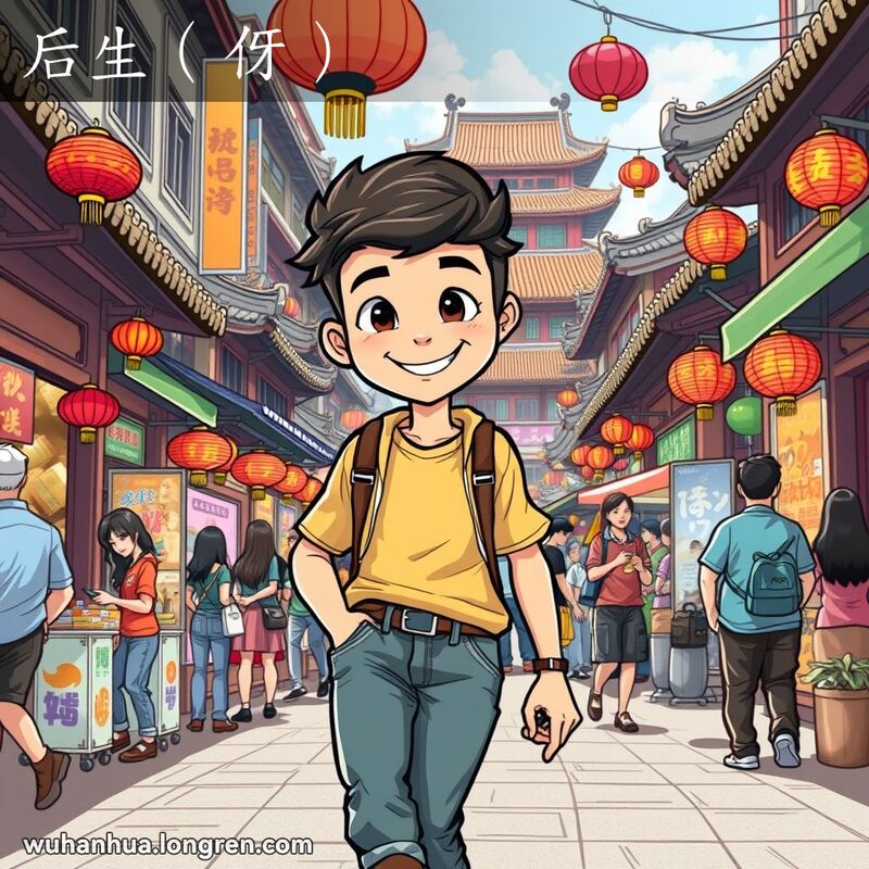 一位年轻的武汉男子在繁忙的街道上自信地行走，脸上带着充满活力的表情，背景是武汉的传统街景。