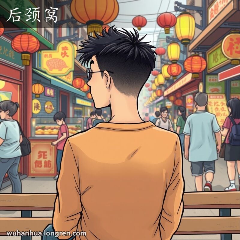 一位年轻的武汉男子坐在街市长椅上，后颈部位明显可见，背景是热闹的武汉街景。