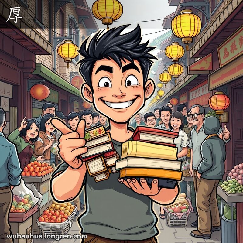 一位年轻男子在武汉市场中手持借来的物品，脸部夸张地厚，象征厚脸皮，背景是武汉传统市场景象
