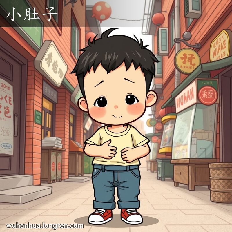 一位武汉小孩站在巷子里，手捂着小腹，露出不适的表情，背景是武汉老街景