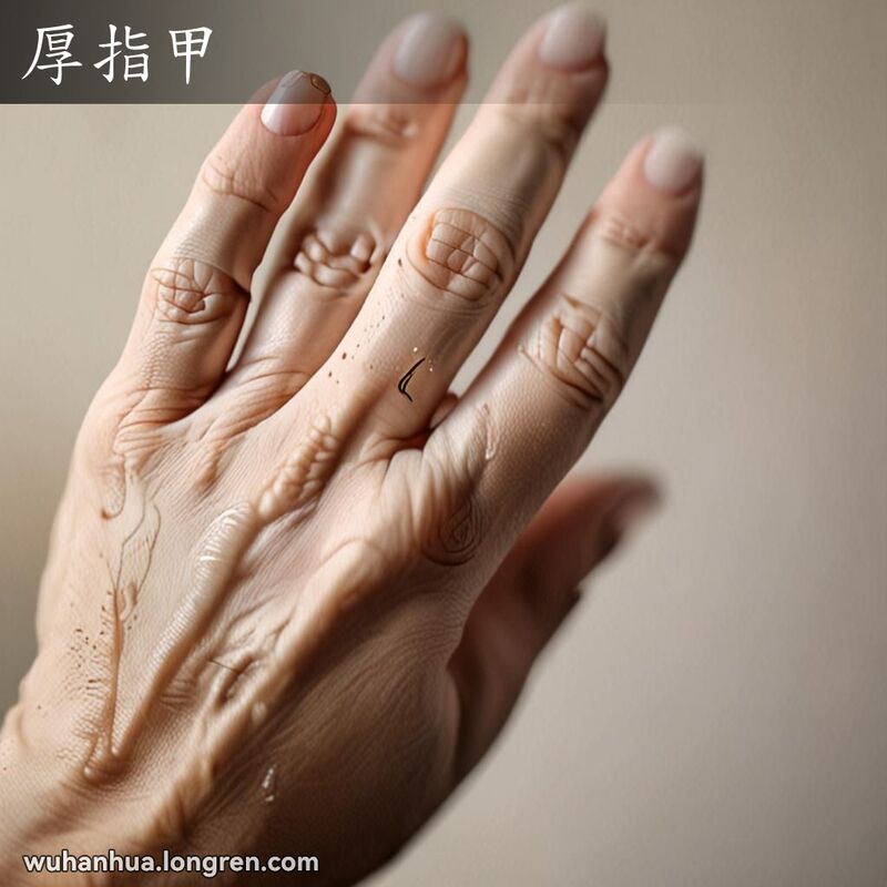 一只手的特写，手指上有一枚变厚且变色的指甲，表现了“厚指甲”的含义，背景是日常生活场景