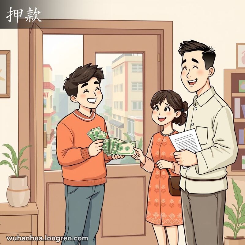一对年轻情侣在租房门前，男子手持现金，女子将钱交给房东，背景是温馨的公寓和繁忙的武汉街景
