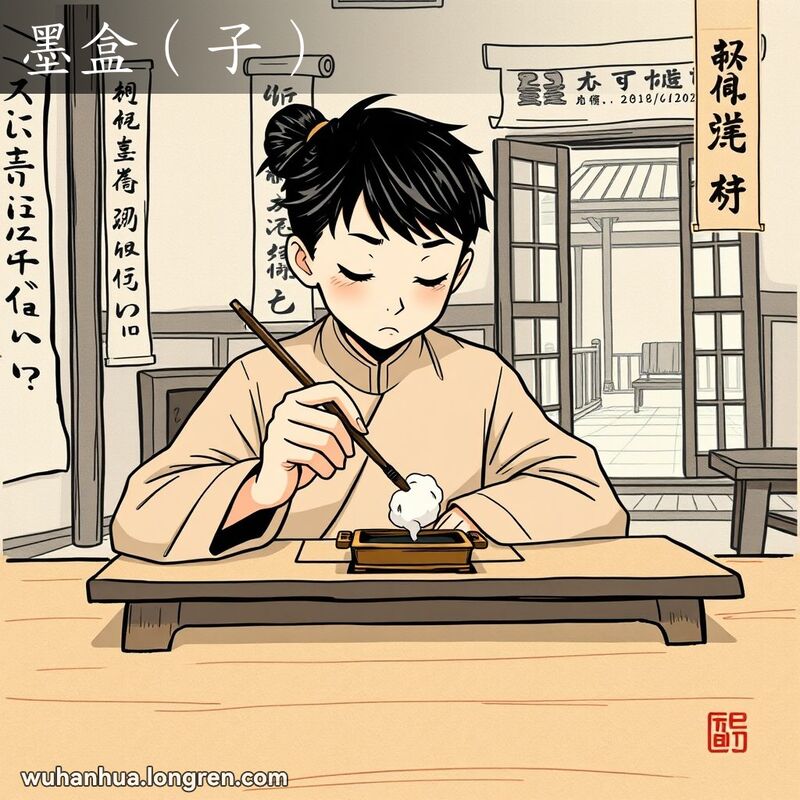 一位学生在书法课堂上使用毛笔蘸取墨盒中的墨汁，背景是古色古香的书法课堂和中式庭院
