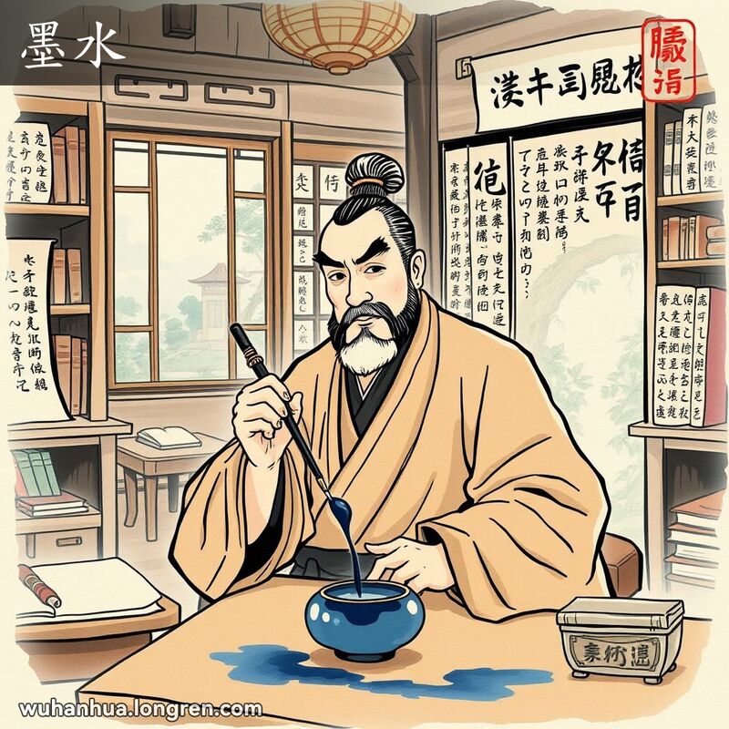 一位学者在古色古香的书房中手持毛笔，笔尖蘸着墨水，神情专注