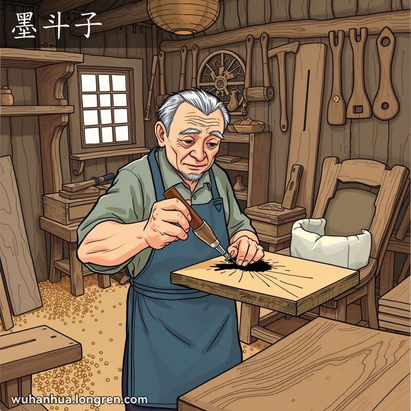 一位武汉木匠在作坊中使用墨斗子画直线，背景有旧木家具和其他工具