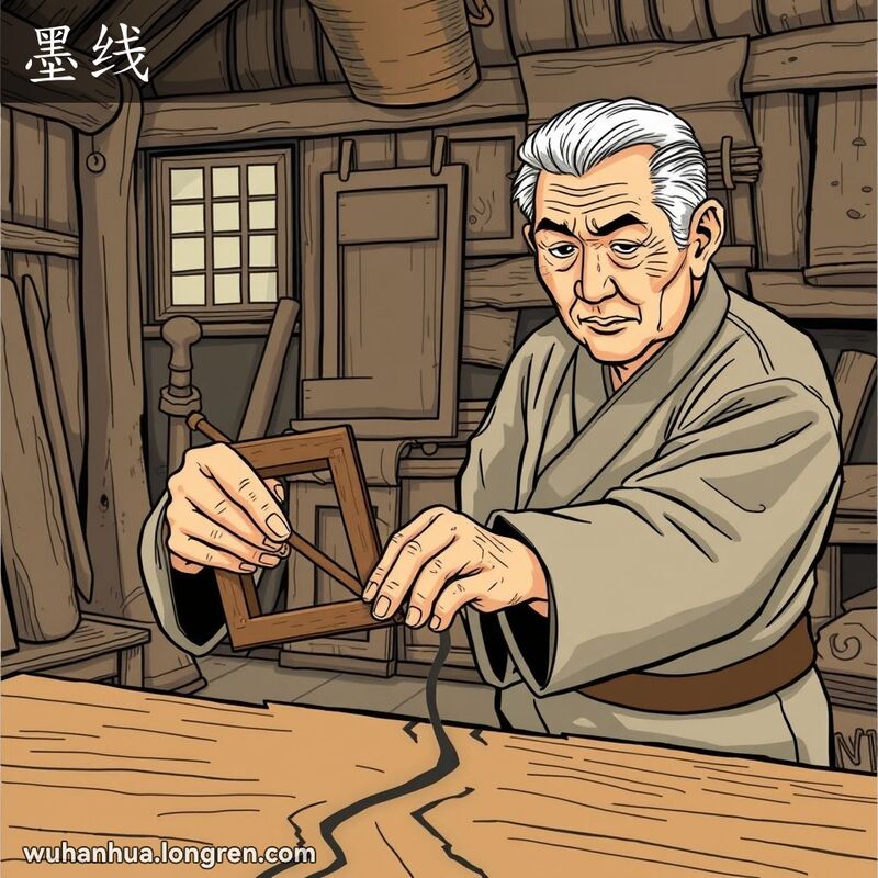 一位传统中国木匠在老式工作坊中使用墨线工具在木板上弹出直线