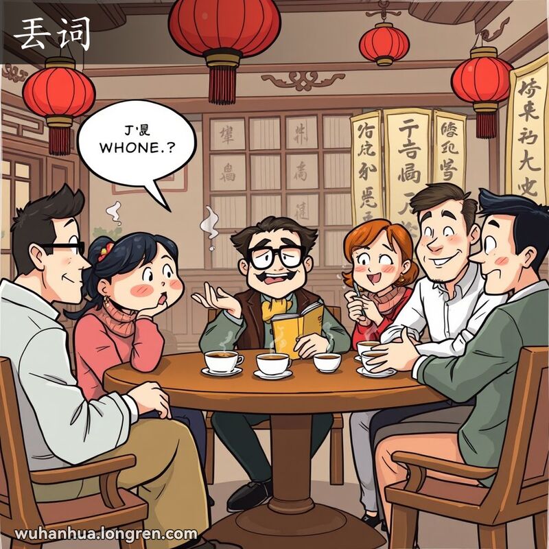 一群朋友在武汉茶馆内围坐，一人用夸张的表情说话，其他人露出娱乐和困惑的表情，背景是传统中国装饰。
