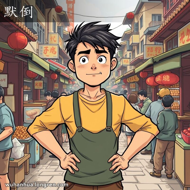 一位年轻的武汉男子站在市场中，双手叉腰，神情自信且略带傲慢，背景是武汉的传统街景。