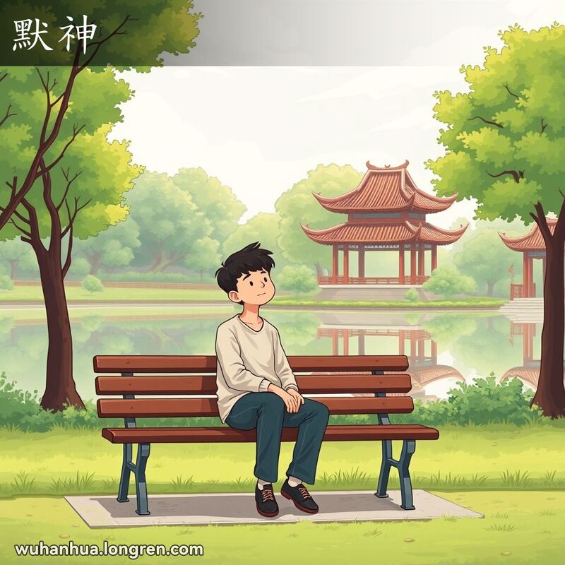 一位武汉市民独自坐在公园长椅上，低头凝视远方，陷入深思的场景，背景是宁静的公园景色