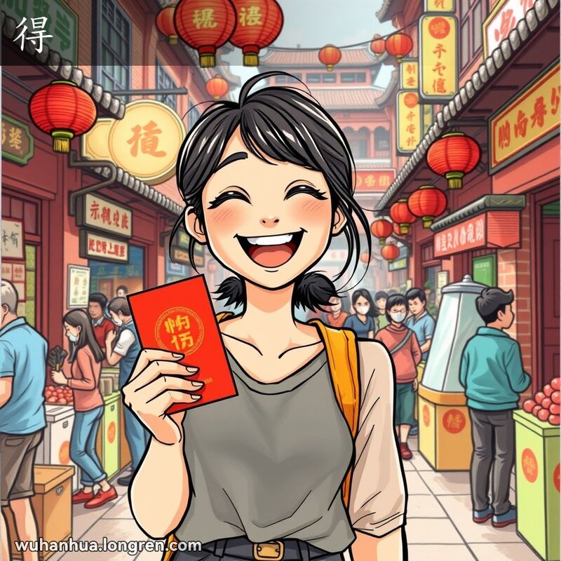 一位年轻的武汉女子在市场中手持红包，脸上露出欣喜的笑容，背景是武汉传统街景