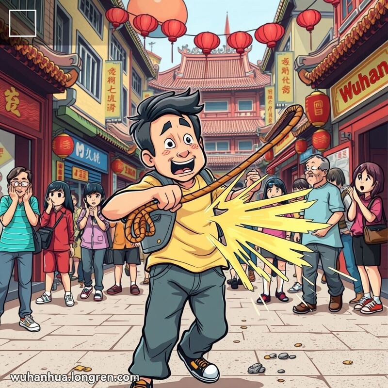 武汉街头，男子甩动鞭子发出“噼啪”声，周围人们反应各异