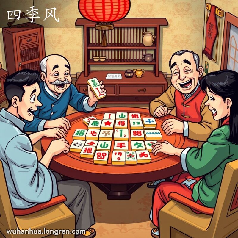 四位玩家围坐在麻将桌旁，桌上展示东、南、西、北四种风牌，背景是温馨的客厅。