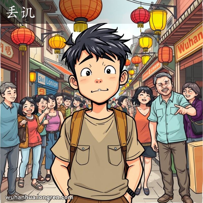 一位年轻的武汉市民在市场中因尴尬事情露出羞愧表情，背后有人指指点点，背景是武汉老街景