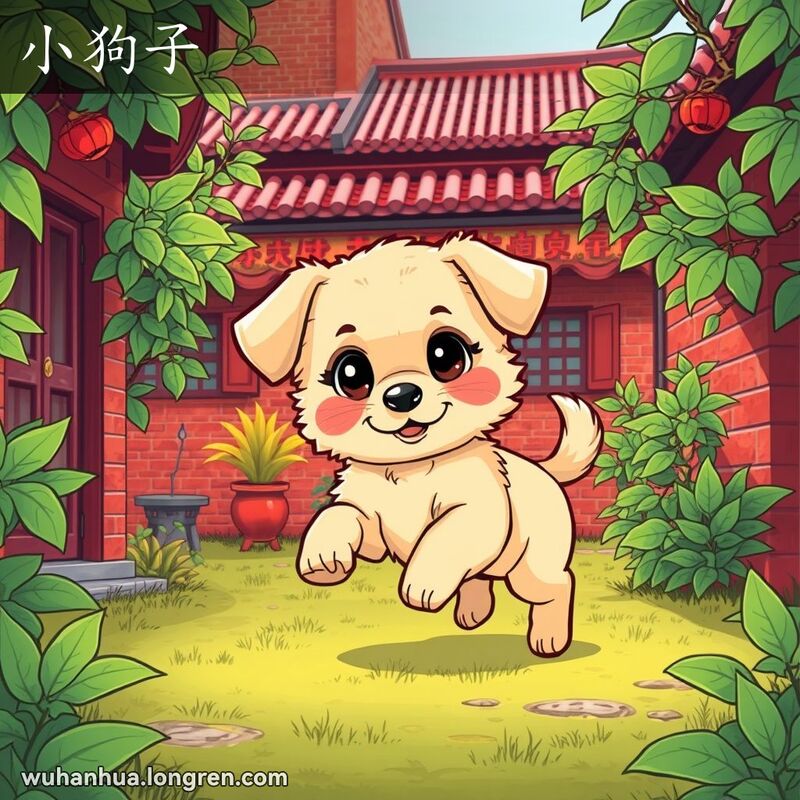一只可爱的小狗在武汉居民区院子里玩耍，背景有红砖墙和植被