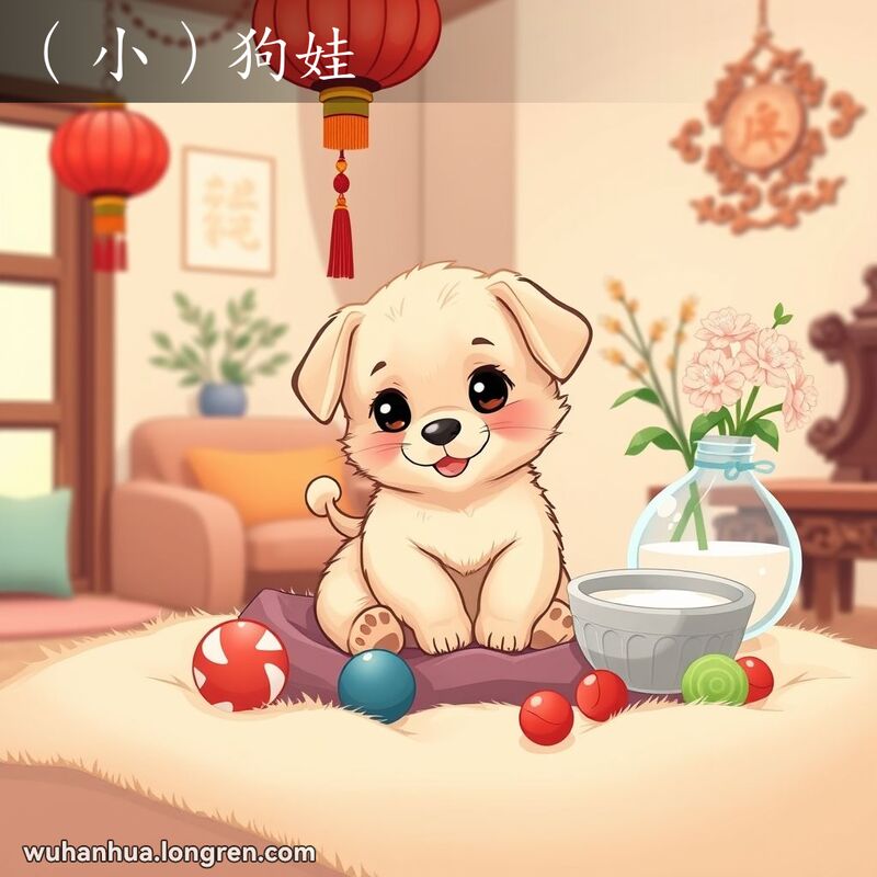 一只刚出生的小狗娃坐在毯子上，周围有玩具和牛奶，背景是温馨的客厅