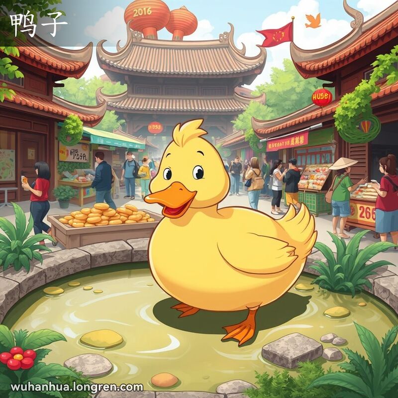 一只胖乎乎的鸭子在武汉的户外市场中悠闲地漫步，背景是传统建筑和热闹的人群。
