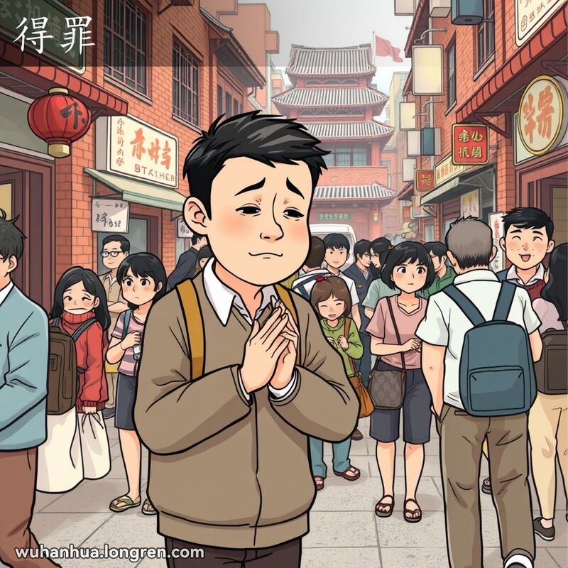 一位武汉男子在街上不小心撞到别人，露出抱歉的表情，背景是武汉老街景