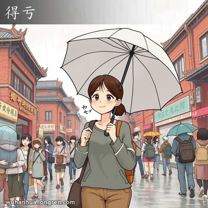 一位年轻女子在武汉街头手持雨伞，脸上露出如释重负的表情，背景是武汉的传统建筑和匆忙避雨的人群