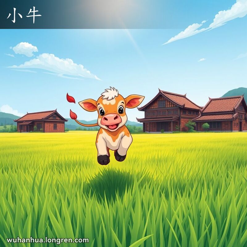 一头活泼可爱的小牛在武汉农场的田野上奔跑跳跃，背景是传统的武汉农舍和绿油油的田野