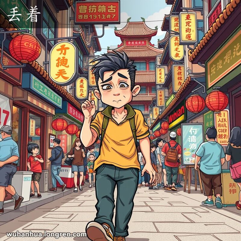 一位武汉男子在繁忙的街道上行走，步态不稳，仿佛喝了酒后未能成功保持平衡，背景是充满活力的武汉街景