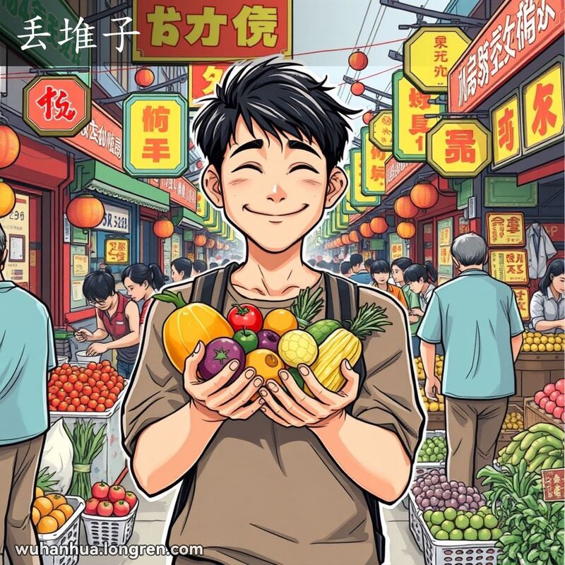 一位武汉年轻人在市场中随意抓着一堆水果和蔬菜，表情轻松自在，背景是热闹的市场摊位