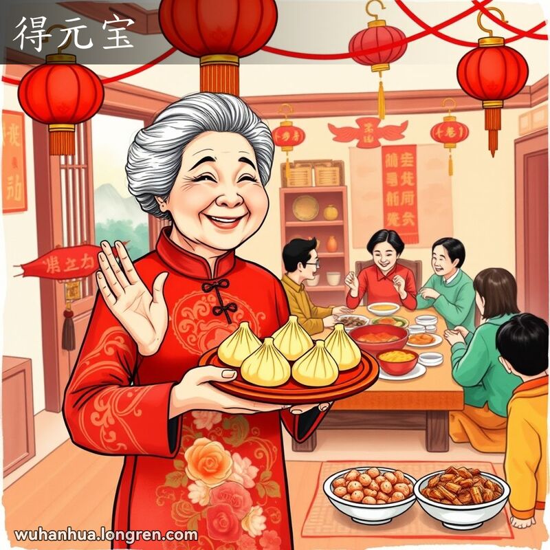 春节期间，一位身穿红色旗袍的奶奶手持一盘饺子，笑容满面地邀请客人留下来一起享用美食，背景是一个装饰着红灯笼和对联的传统武汉家庭聚会