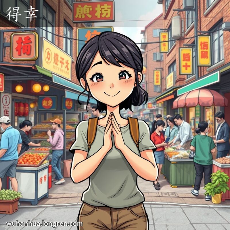 一位年轻的武汉女子站在街角，脸上带着感激和如释重负的表情，背景是武汉的传统市场场景