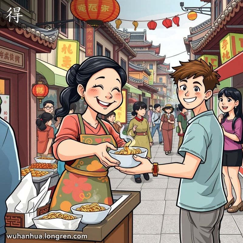 武汉街头，一位妇女在小吃摊前递面条给顾客，背景是繁忙的市场和行人。