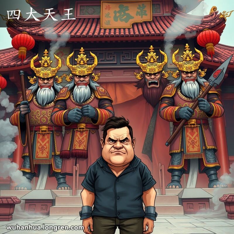 四位护法天王站在寺庙背景中，前景中一位面部浮肿的男子显得沮丧，背景有中国建筑和红灯笼。