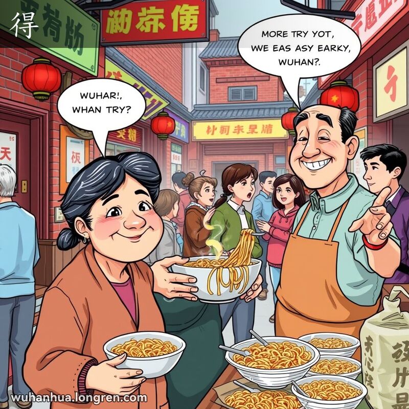 武汉街头市场，一位妇女满意地看着一碗热干面，摊主在强调面的价值，背景中人们在讨论赚钱的难易。