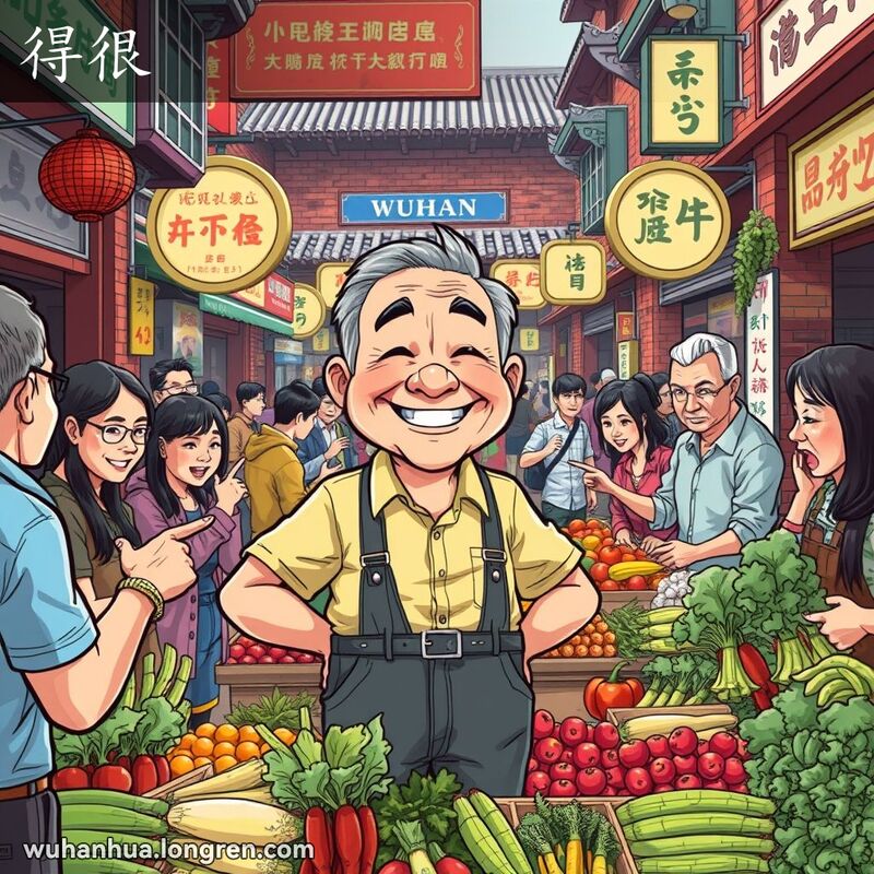 一位中年男子站在武汉街头市场的摊位前，摊位上摆满了新鲜的蔬菜，脸上带着自豪的笑容，周围的顾客们正在赞赏他的商品。