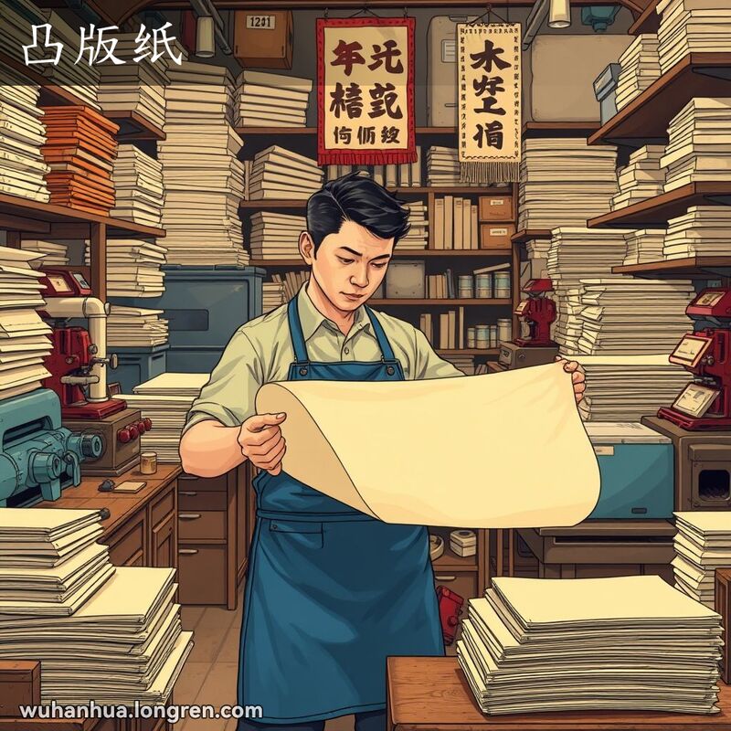 一位武汉印刷厂工人手持凸版纸，背景是忙碌的印刷工作环境