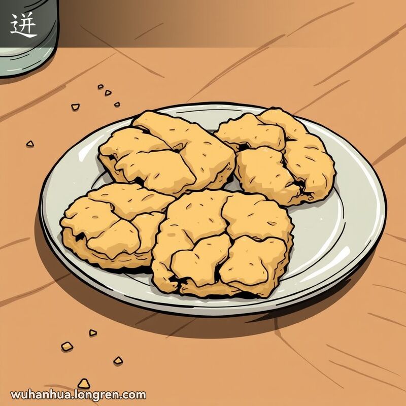 一盘干燥、焦脆的饼干，表面粗糙不平，背景是简单的木质桌子。