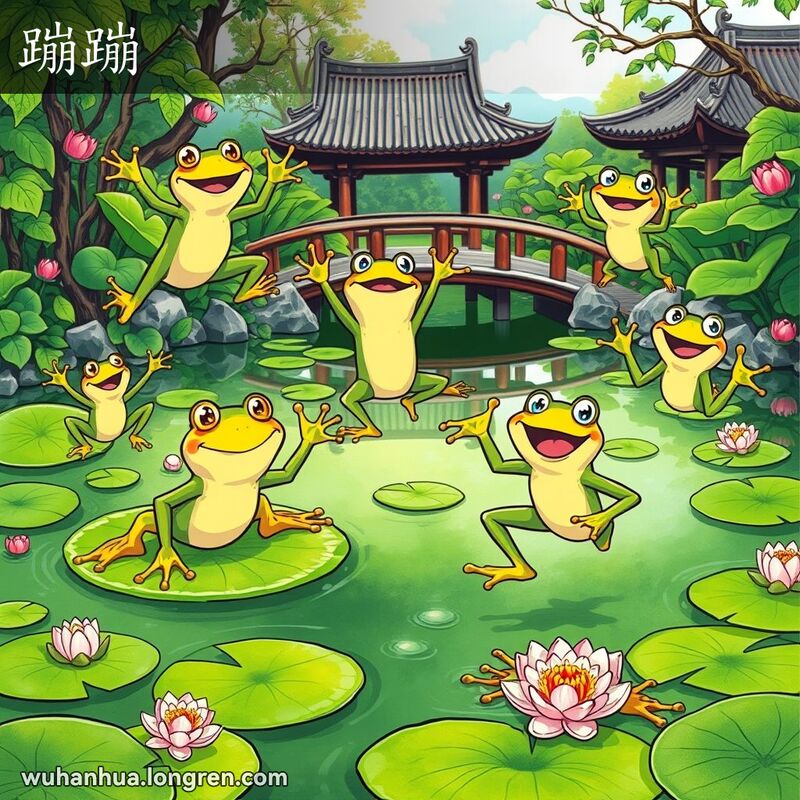 一群青蛙在荷塘中跳跃嬉戏，背景是中国园林风景，表现“蹦蹦”的含义