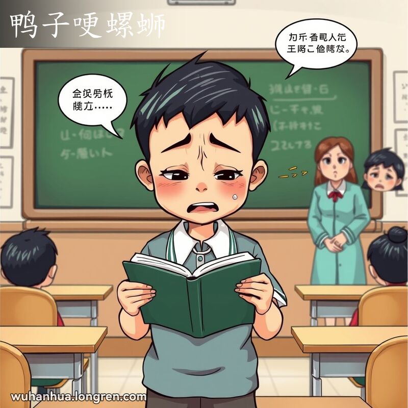 一位武汉学生在课堂上背书结巴，老师在旁边关注，背景是教室场景