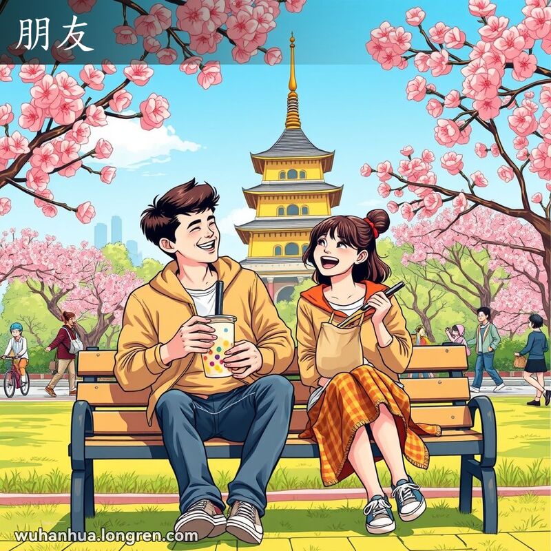 两位年轻人在武汉公园长椅上聊天，背景是黄鹤楼和樱花，表现“朋友”的友好氛围