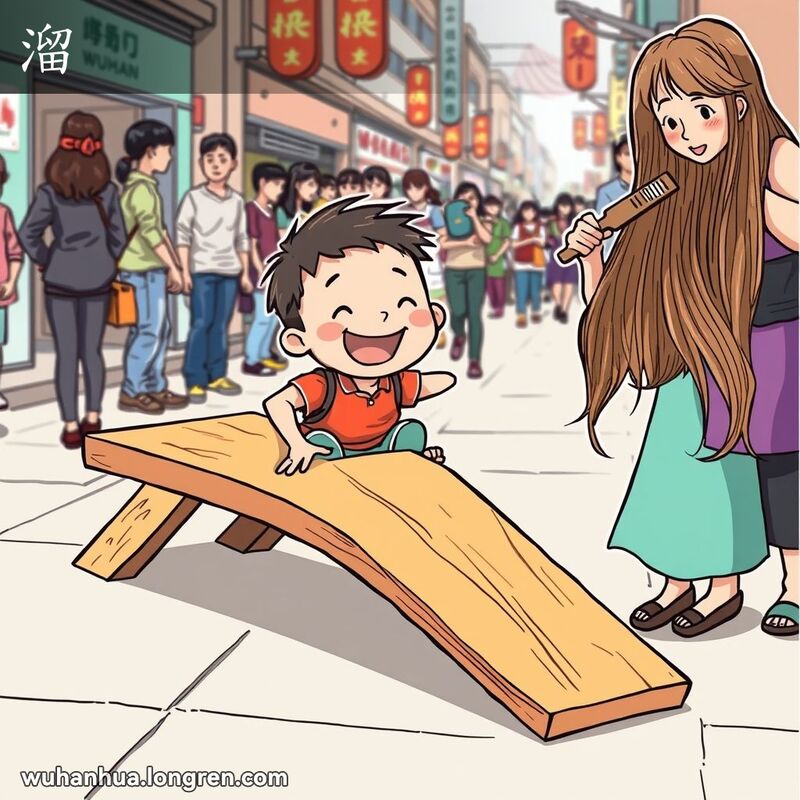 一个小男孩在滑梯上滑下，背景中有人排队，一位女性在梳头发，展示“溜”的多种含义。