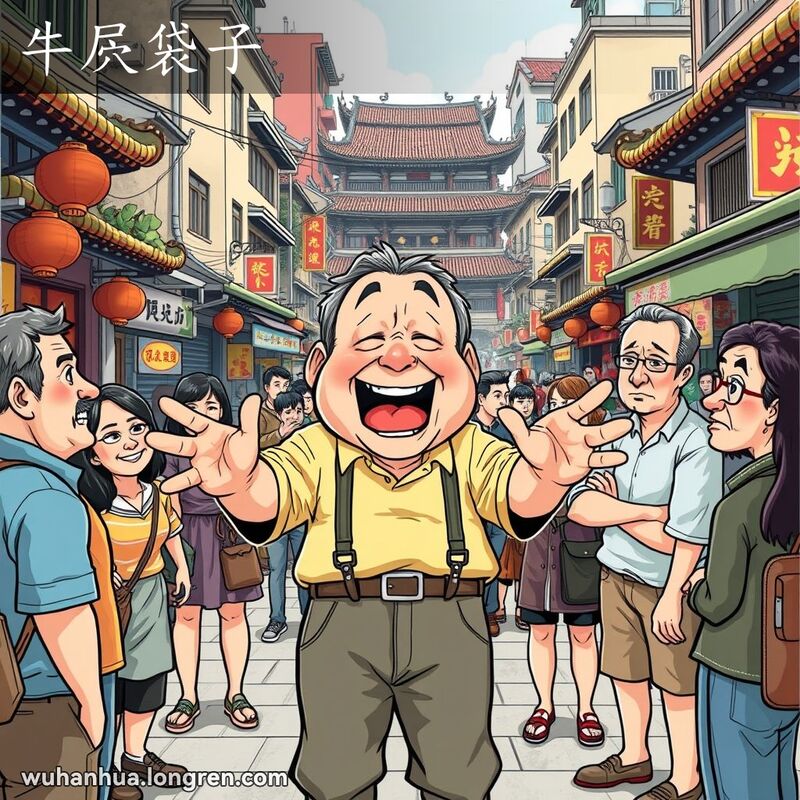 一位中年男子在武汉街头手舞足蹈地讲述夸张故事，周围朋友们或笑或疑。
