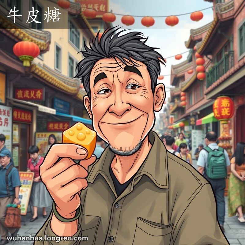 一位中年男子在武汉街头手持牛皮糖，脸上带着狡黠的笑容，背景是热闹的老街景