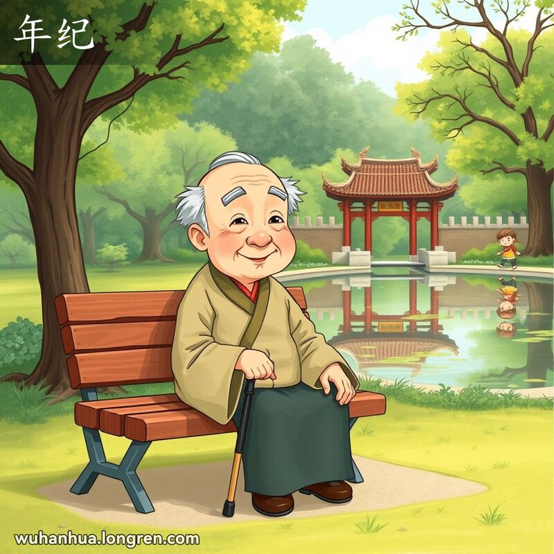 一位老人坐在公园长椅上，周围是绿植和池塘，手持拐杖，面带微笑，背景有拱桥和孩子嬉戏