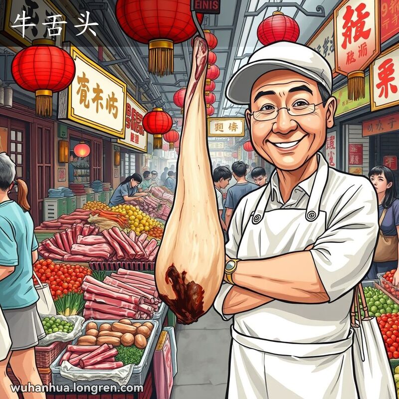 武汉街市上的屠夫摊位，展示新鲜牛舌头，背景是繁忙的市场和顾客。